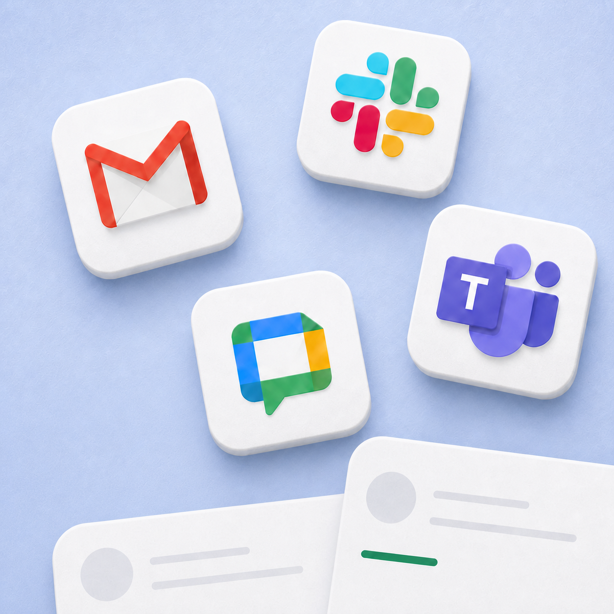 Gmail, Slack, Microsoft Teams, and Google Chat floating above two customer update cards