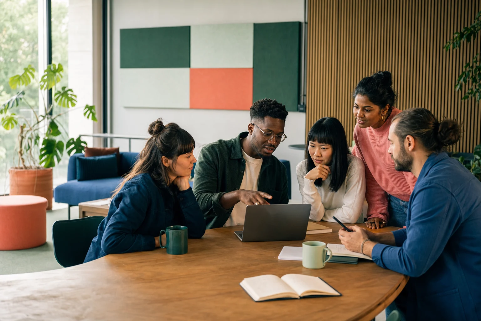 A support team discussing customer messages around a laptop