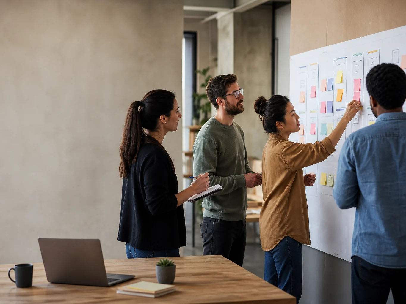 A product team reviewing recurring customer needs on a roadmap wall